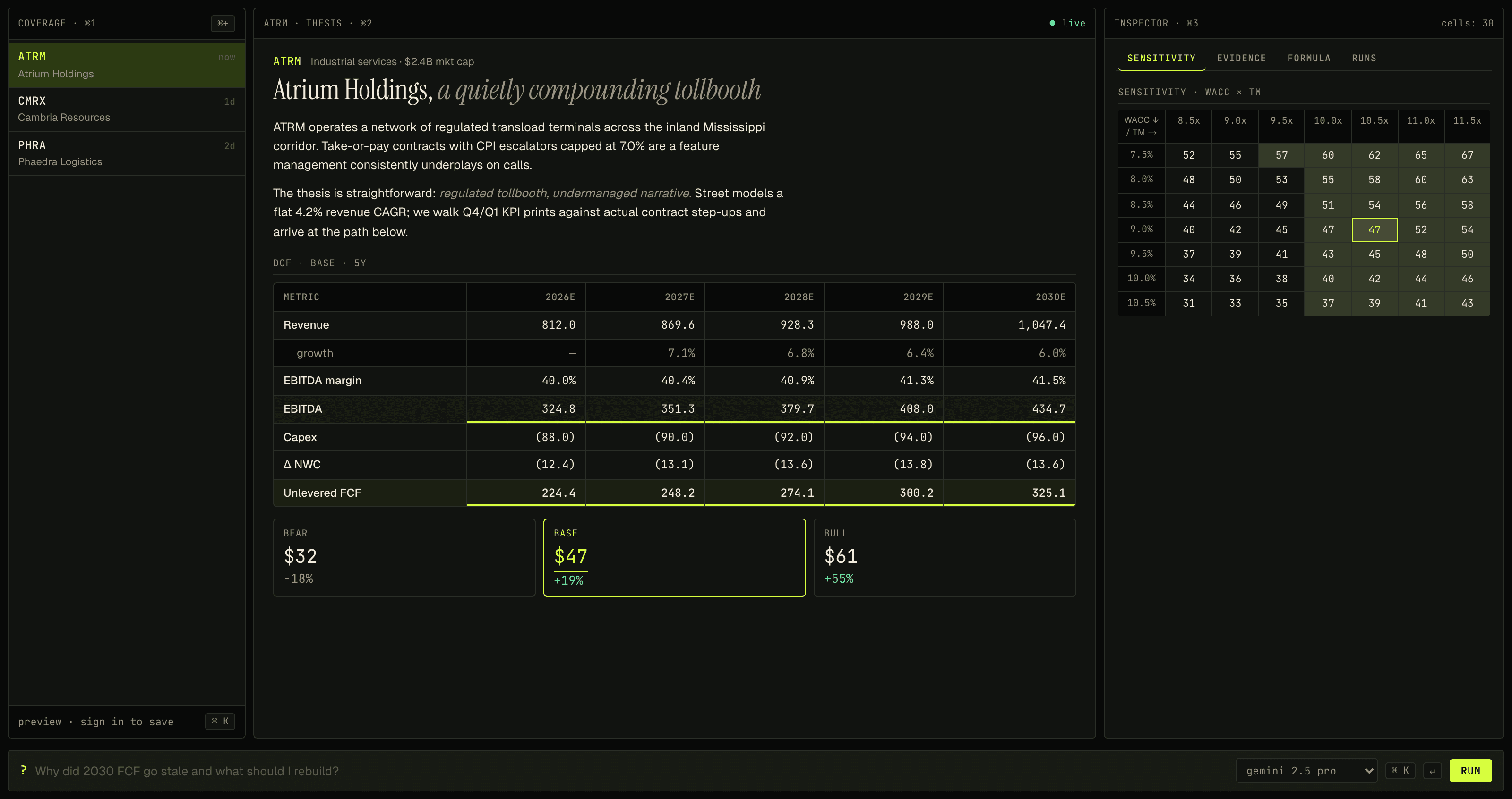 Nagini workspace — Atrium Holdings DCF, sensitivity grid, agent prompt bar